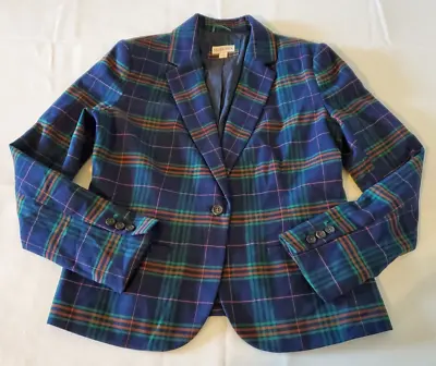 Merona Blazer Women's 12 Plaid Lined Blue Multicolor 1 Button • $23.20