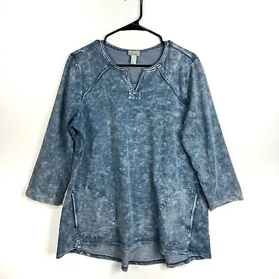 Logo By Lori Goldstein Women Tunic Sweater Size M Blue V Neck Acid Wash 3/4  • £19.25