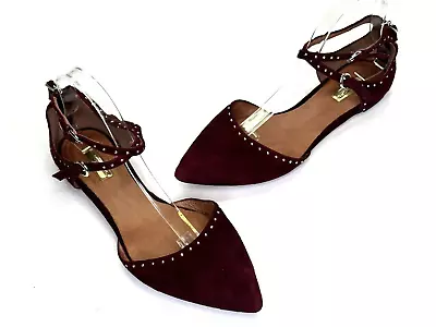 Halogen Suede Studded Pointed Toe Flats Women’s Size 9.5M T-Strap Burgundy • $18.99
