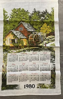 Vintage 1980 Barn Water Fishing Linen Wall Calendar 26”x16” Clean Bright Color • $11.81