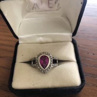 Zales Fine Jewelry Women's Ring Sz 6 Pink Stone Sterling Silver W Diamonds • $100