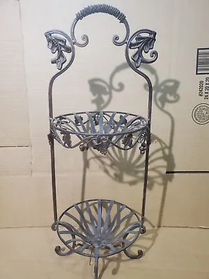 2 Tier Wrought Iron Fruit Basket Stand Planter Grapvine Grapes Vintage W/ 4 Legs • £62.72