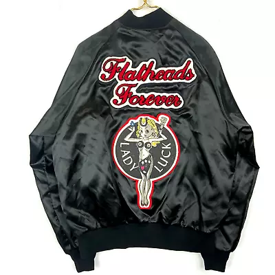 Vintage 1980s Satin Jacket Large Embroidered Patch Black Snap Button Made Usa • $42.49