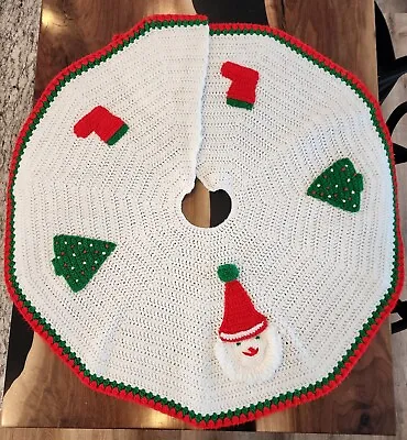 🎄 Vintage Kitschy Christmas Tree Skirt Knit Yarn Santa Handmade 33 In. Pls Read • $14.95