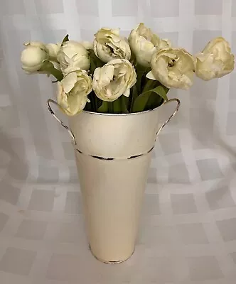 Vintage Painted Flower Bucket  W/Silk PeoniesCreamy White French Market Tin • $19.99