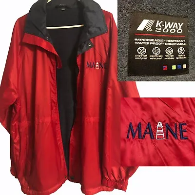 Vtg Mens K-WAY 2000 WINDBREAKER Sz L MAINE Logo Red Zip Jacket LINED Hood Pckts • $76.46