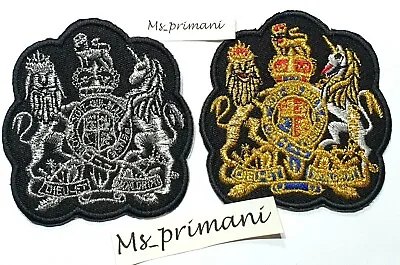 Embroidered Royal Coat Of Arms Patch Iron/Sew GOLD UK British Silver Crown Badge • £2.75