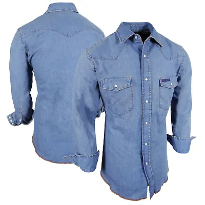 Mens Denim Shirt Blue Wash Cotton Western Snap Pocket Flaps Contrast Stitching • $22.95