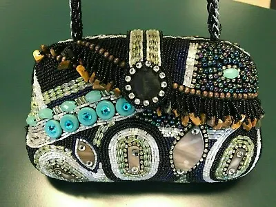 Nicole Lee Vintage Beaded Purse Hand Bag Black Brown Turquoise Silver So Cute! • $30