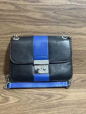 Michael Kors Sloan Center Stripe Med Chain Strap Leather Black Blue Purse • $25