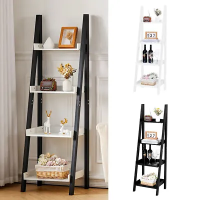 4 Tier Ladder Shelf Leaning Bookcase Plant Flower Stand Home Office Storage Unit • £37.95