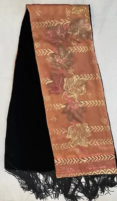 Black Velvet Fringed Scarf Reversible To Warm Brown W/ Stencilled Leaves 10 X57  • $22