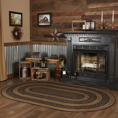 $35.95 • Buy VHC Black Tan Eco-Friendly Jute Primitive Country Oval Braided Rug W/Pad