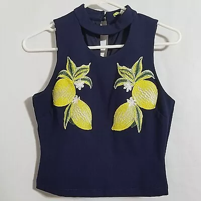 Gianni Bini Women's Small Embroidered Lemons Sleeveless Stretch Crop Top Navy • $17.77