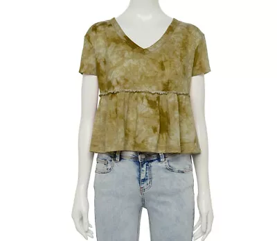 NEW So Olive Green M Women's Tie Dye V Neck Peplum Tee Top Swing Flowy Boho • $14.59