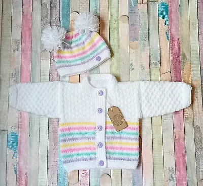Newborn New Hand Knitted Baby Cardigan And Double Pompom Hat. Chest 17 Inches. • £8.90
