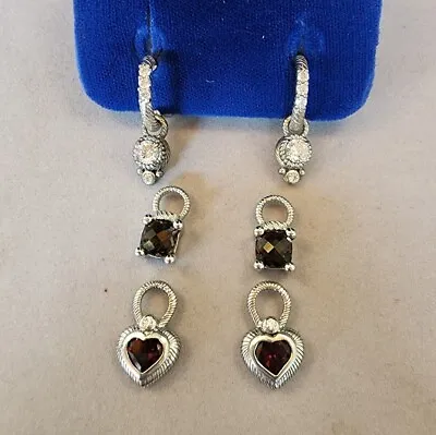 Judith Ripka 925 Sterling Silver Hoop Earrings Charms CZ Smokey Topaz Garnet • $209