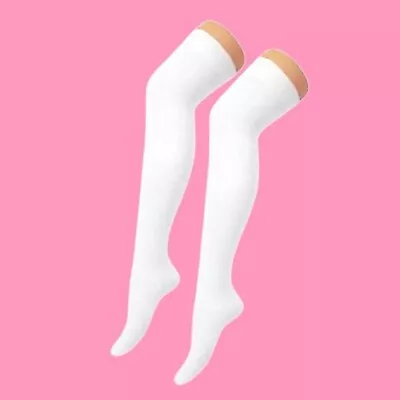 Ladies Plain White Over The Knee Thigh High Style Socks Size 4-7 Fancy Dress Sox • $4.72