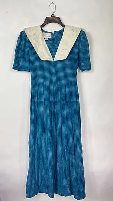 Vintage Sara Elizabeth Womens Maxi Dress Embroidered Collar Plaid Blue Size 6 • $35.99