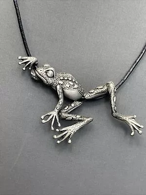 Vintage Signed JJ SILVER Frog Amphibian Detailed Necklace 16” Leather Chain • $23.85