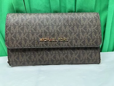 Michael Kors Jet Set Travel Large Trifold Wallet Signature MK Brown Black Pink • $39.99