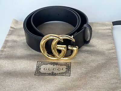GUCCI Women's GG Leather Belt Black  Size 105-42 Shiny Gold Buckle • $330