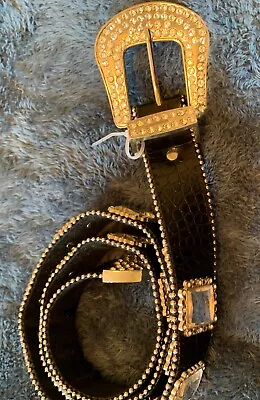 Cowgirl Rodeo Black Rhinestone Mirrored Belt Leather Heavy Flawless • $34.99