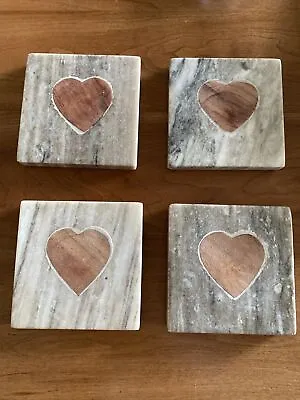 Marble With Wood Heart Insert Coasters 4” Squares Set Of 4 • $14.40
