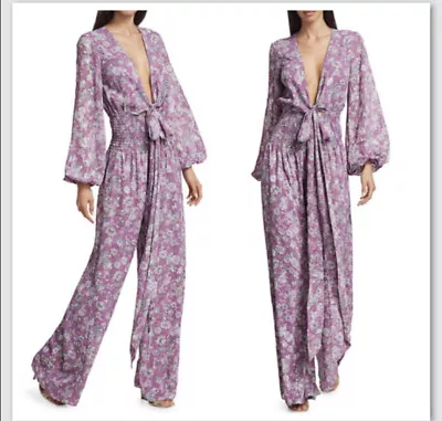 Nwt $625 Alexis Intermix Shanice Lilac Floral Boho Tie Front Jumpsuit Catsuit Xs • £289.53