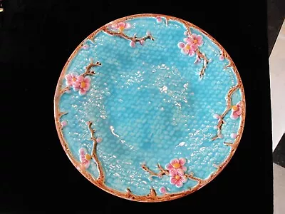 Vintage Holdcroft Basketweave & Floral 9  Majolica Plate Aqua Blue Pink NR • $49.99