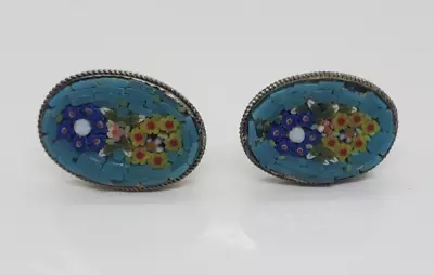 Screw Back Micro Mosaic Earrings Oval Blue Inlay Millefiori Floral Design 3/4  • $12.74