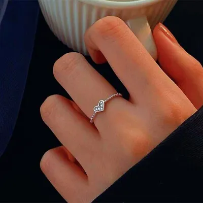 925 Sterling Silver Mini Heart Adjustable Ring Womens Girls Jewellery Xmas Gift • £3.19