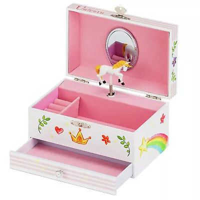 Girls Pink Musical Jewellery & Trinket Storage Box C/w Rotating Unicorn + Mirror • £16.99