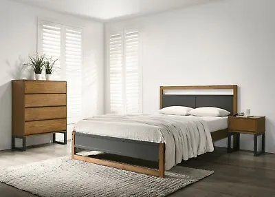 4FT 4FT6 & 5FT Modern Charcoal Grey & Walnut Wooden Bedframe & Matching Bedside • £571.19