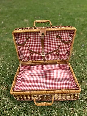 Vintage Wicker Picnic Basket Suitcase With Handle & Leather Strap Storage Decor • $29.99