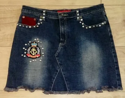 River Island Dark Blue Denim Studded Mini Skirt / Sailor Badges Size 10 • £8.95