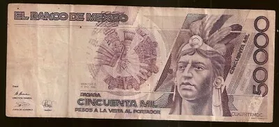 1990 $50000 Mexican Pesos Bill From Mexico Billete De Dinero De 50000 Banknote • $3.25