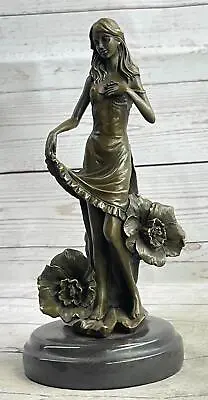 Signed Moreau Beautiful Lily Girl W/ Flower Bronze Sculpture Statue Deco Sale • $129.50