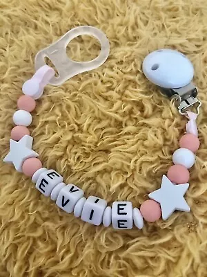 Personalised Baby Dummy Clip Strap Shower Christening PEACH Free Mam Adapter • £5.50