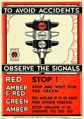 £9.99 • Buy VINTAGE Road Safety POSTER Avoid Accidents Use Traffic Lights Advert Print A3 A4