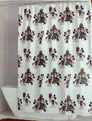 Mickey And Minnie Mouse Christmas Shower Curtain Exchanging Present Around Tree • $42