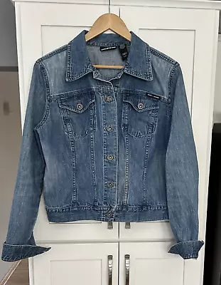 DKNY Vintage Y2K Crop Jean Jacket Women's Distressed Denim Button Up Large? • $9.99