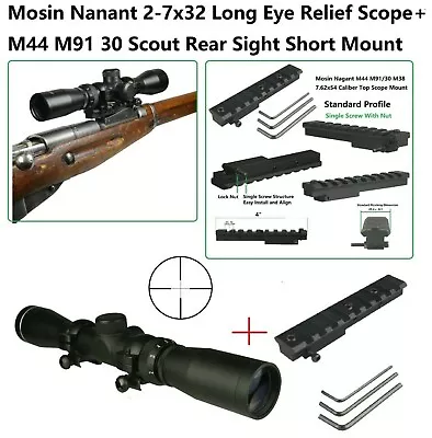 Mosin Nagant M44 M91/30 Top Scope Mount With 2-7x32 Long Eye Relief ScopeRings • $80.99