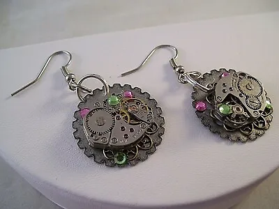 Vintage Steampunk Earrings Watch Gears Parts OOAK Dangle Hand Made Crystals C • $24.95