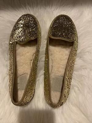 UGG Alloway Glitter Flats Shoes Size 8 Metallic Gold Slip On Sheepskin Comfy GUC • $39.99