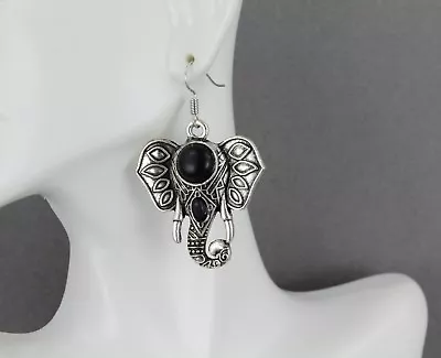 Antiqued Silver Elephant Earrings Trunk Ears Pendant 2 1/8  Long Black Bead • $11.01