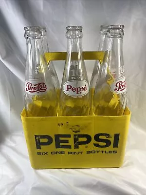 Vintage 16 OZ Pepsi Cola 6-Pack Glass Soda Bottles With Yellow Carrier Holder • $122.93