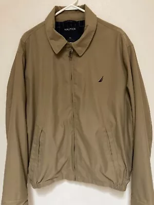 Nautica Mens XL Jacket Beige Zipper Pockets Collared Cotton Lining Vintage • $15