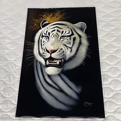 Vintage Velvet White Bengal Tiger Painting Ortiz Predator Cat 36x24” Mid Century • $49.99