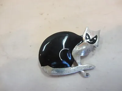 Vintage Black Onyx Cat Brooch Signed Taxco Mexico 925 Sterling Silver Kitty • $29.99